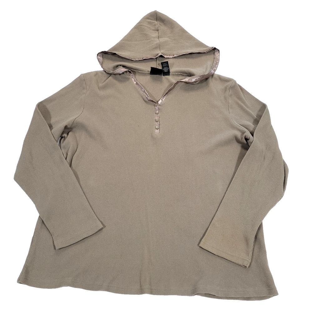 Waffle Knit Henley Satin Edge Hoodie Bobbie Brooks 2XL Tan Top Y2K preppy